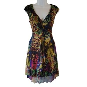 Connected Apparel Y2K Colorful V-Neck High Low Dress Sz 6 Whimsigoth